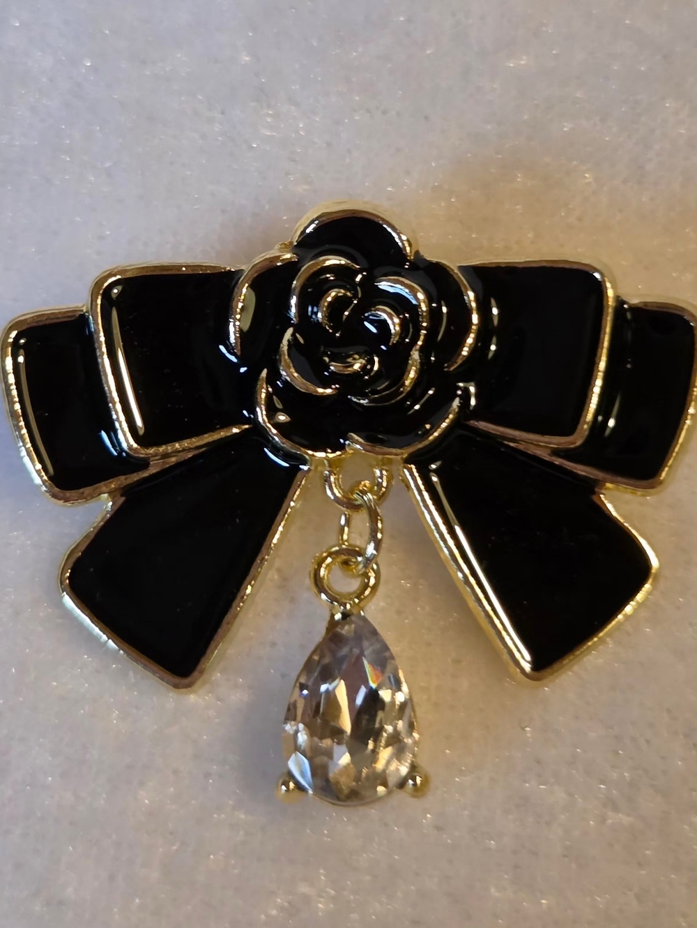 New Black Enamel Rose Bow Brooch with Teardrop Crystal